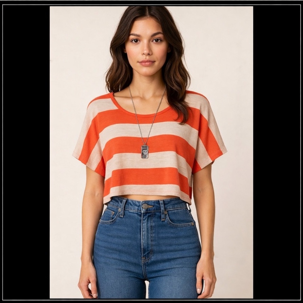 NWOT Aerpostale Orange Oatmeal Striped Knit Crop Top Belly Shirt LG L 12 - Picture 5 of 5